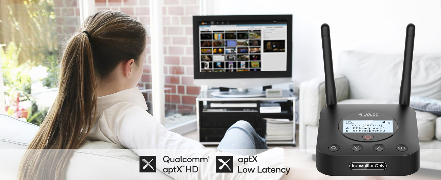 1Mii Bluetooth 5.2 Передавач для ТВ з aptX HD та низькою затримкою, велика дальність дії, аудіоадаптер для 2 навушників або динаміків, 3,5mm AUX/Оптичний/Коаксіальний вихід, регулювання гучності (B06TX+)