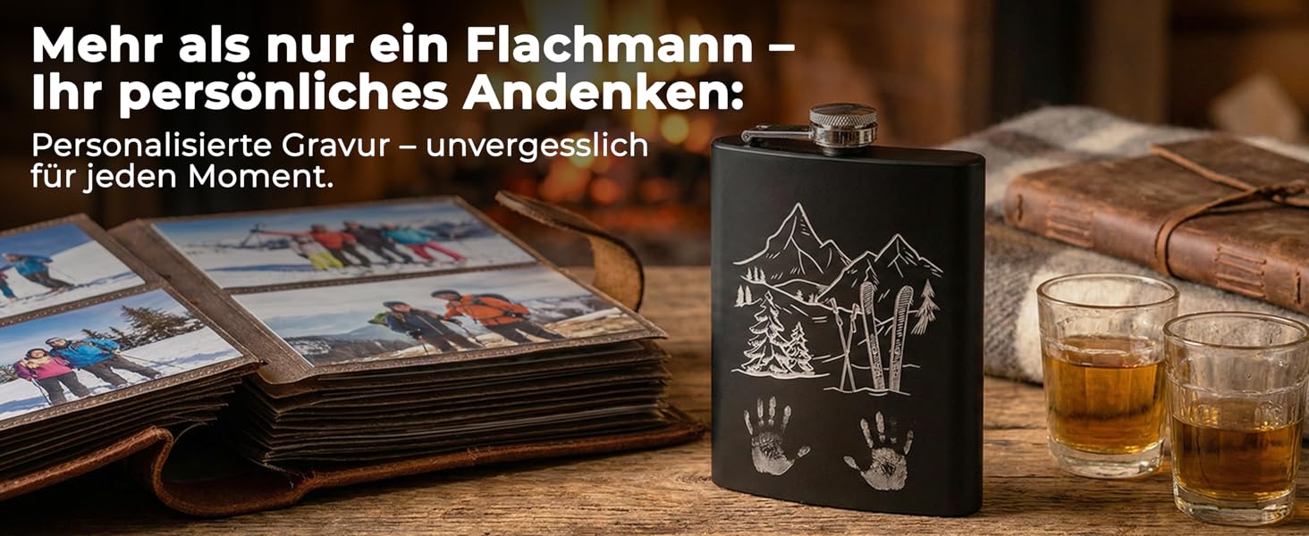 Фляга з нержавіючої сталі Flanacom з гравіюванням, 227мл / 8oz, для сноубордистів та любителів зимових видів спорту. Персоналізована фляга з індивідуальним гравіюванням (дизайн 1, чорний).