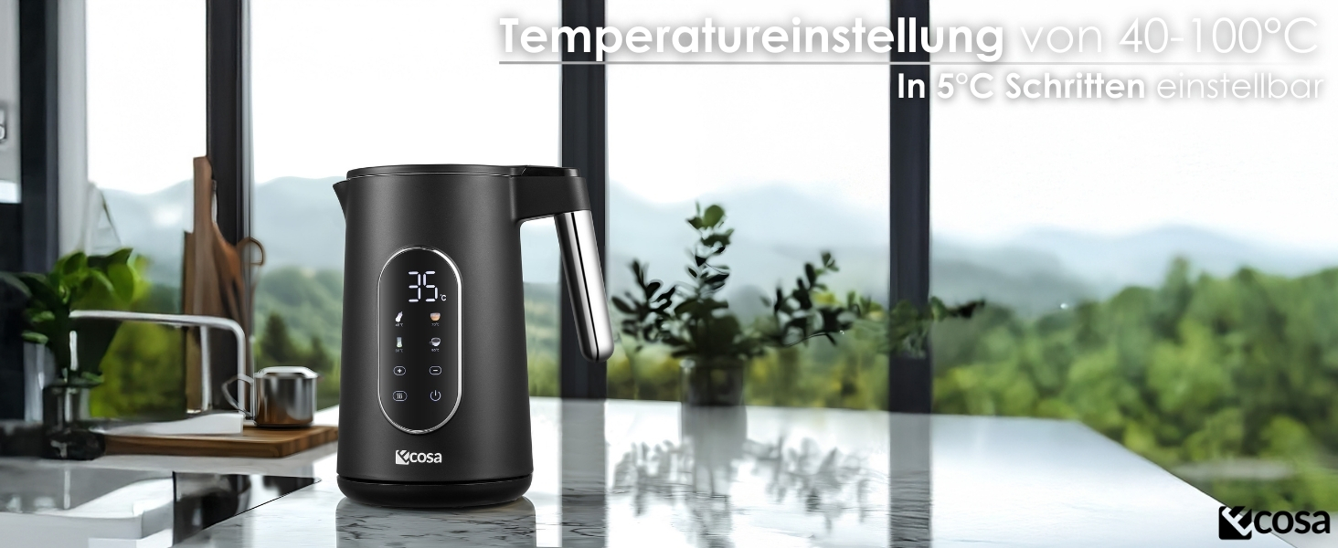 Електричний чайник-заварник зі сталі з регулюванням температури 40-100°C, 1.7 л, 2200 Вт, без BPA, з підігрівом та LED дисплеєм (чорний)