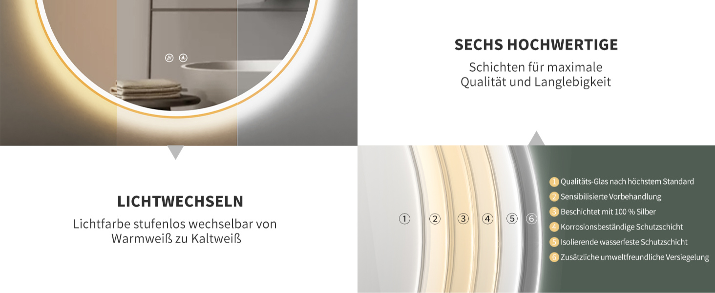 Дзеркало для ванної кімнати HOKO ULM 60см з підсвічуванням LED, антизапотівачем та сенсорним вимикачем, кругле, золото (60x60 см)