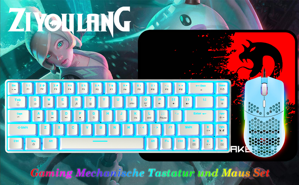 RGB ігровий комплект клавіатури та миші: компактна клавіатура 68 клавіш з червоним перемикачем, миша 6400DPI з програмуванням, сумісна з Windows, Mac, PS4, білий (BlueSwitch CoolBlue Backlit Keyboard White + Green Mouse)