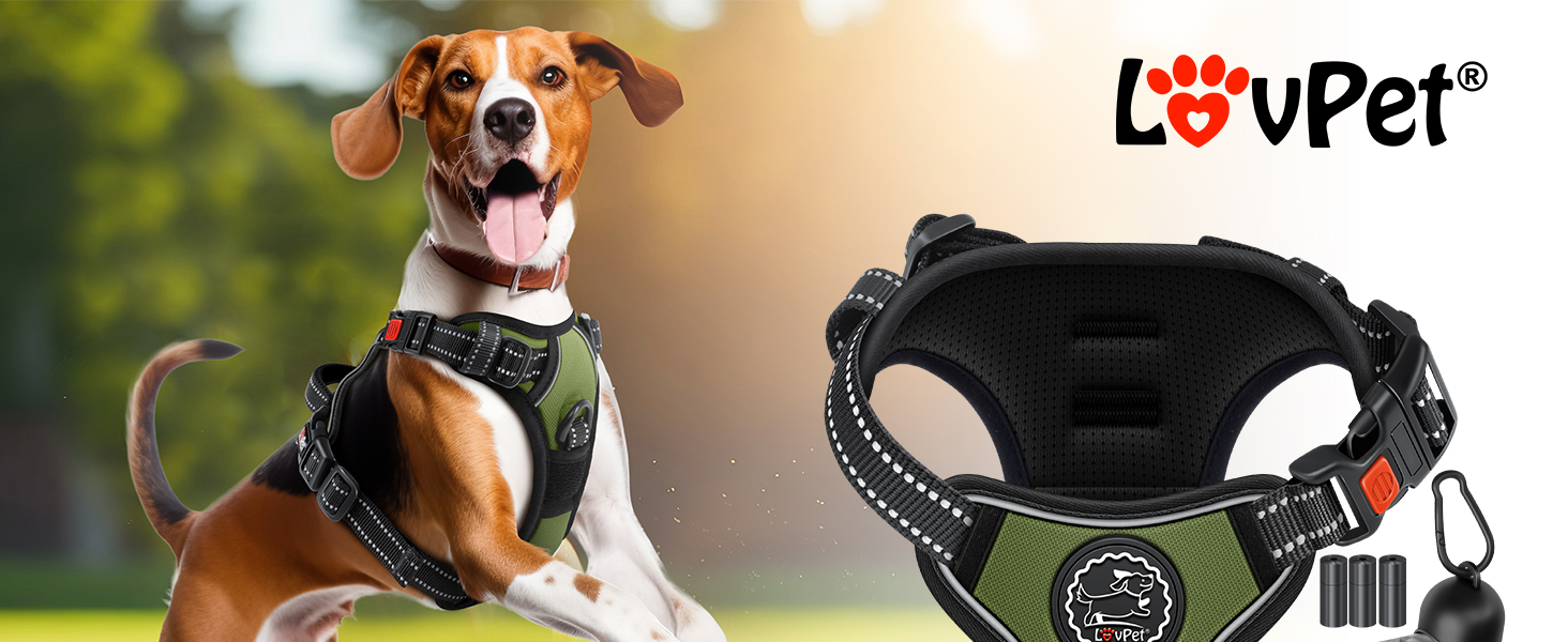 Шлейка для собак без натягу та задухи, дихаюча та м'яка, світловідбиваюча | No-Pull шлейка з кишенькою для відходів | Регульована шлейка з ручкою - (L, Хакі)