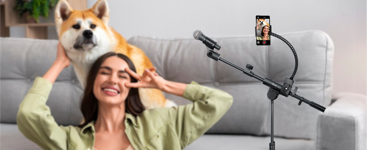 Підставка для мікрофона GUITTO з двома тримачами для смартфона/планшета, регульований кріплення, важка основа, для стрімінгу, подкастів, запису та живих виступів (GMS-04)