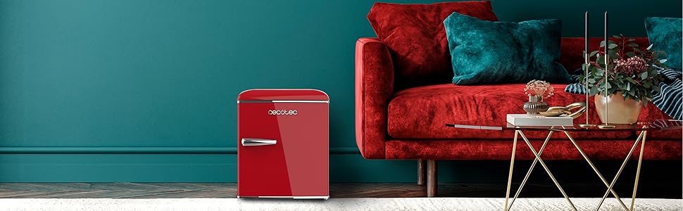 Cecotec Retro Mini Refrigerator - 45L Compact Table Fridge with Chrome Handle, Red - Energy Class E