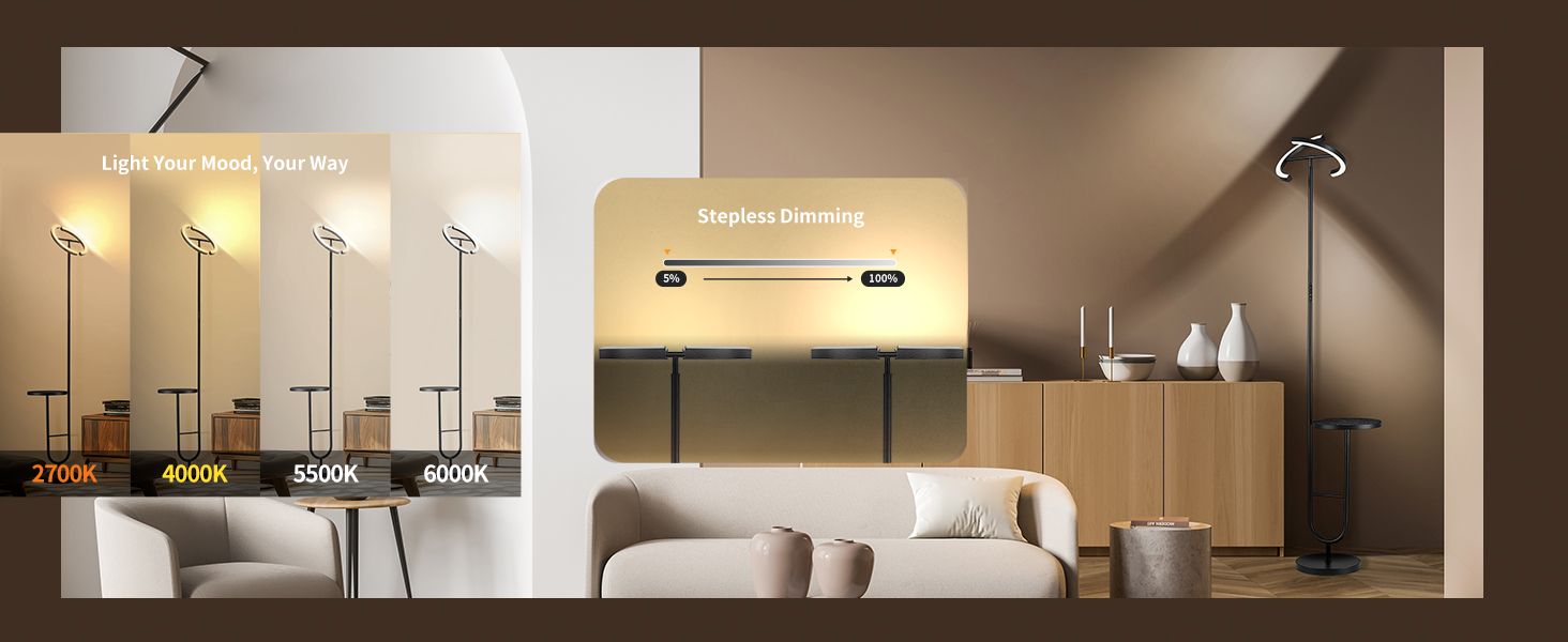 Підлогова лампа LuminexDesigns з регулюванням яскравості, 36W+7W LED, 3200LM+600LM, 2700K-6500K, чорна. Сучасна підлогова лампа для вітальні з пульт дистанційного керування