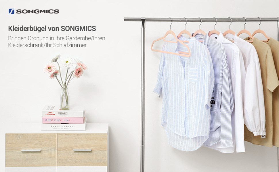 Плечики SONGMICS для одягу, велюрові, набір 50 шт., для сорочок, пальто, штанів, краваток, обертовий гачок, 43,5 см, срібно-рожевий