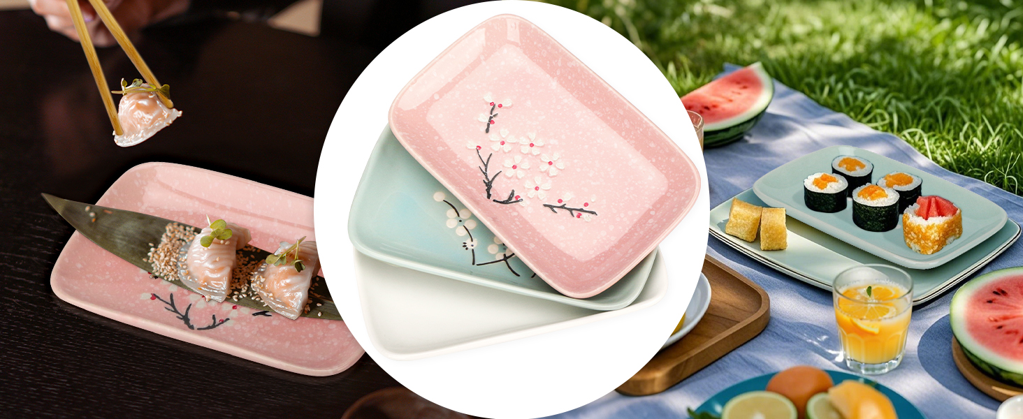 Набір для суші Exzact (10 шт.) – 2 тарілки, 2 миски для соусу, 2 підставки під столові прилади, 2 пари паличок для їжі – високоякісний фарфор, у подарунковій коробці – блакитний колір