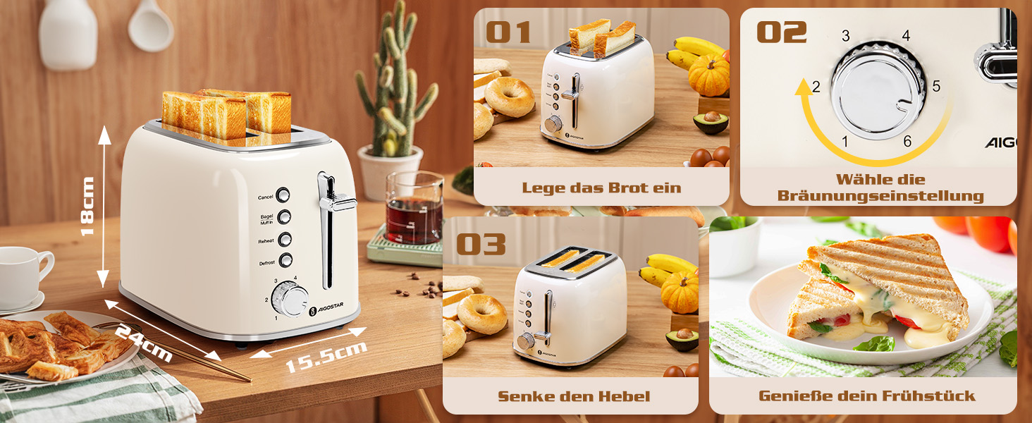Тостер Aigostar 2-х секційний, Ретро, Кремовий, 800W, 6 рівнів підсмажування, Функції: Bagel, розморожування, підігрів, відміна