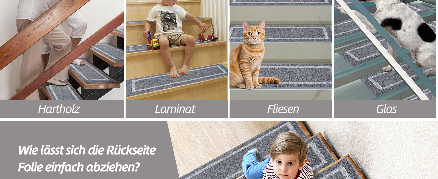 Ковзаючі килимки на сходи COSY HOMEER, 70x22 см, 15 шт., самоклеючі, з антиковзаючою основою, машинне прання, 100% поліестер, TPE, сірий колір