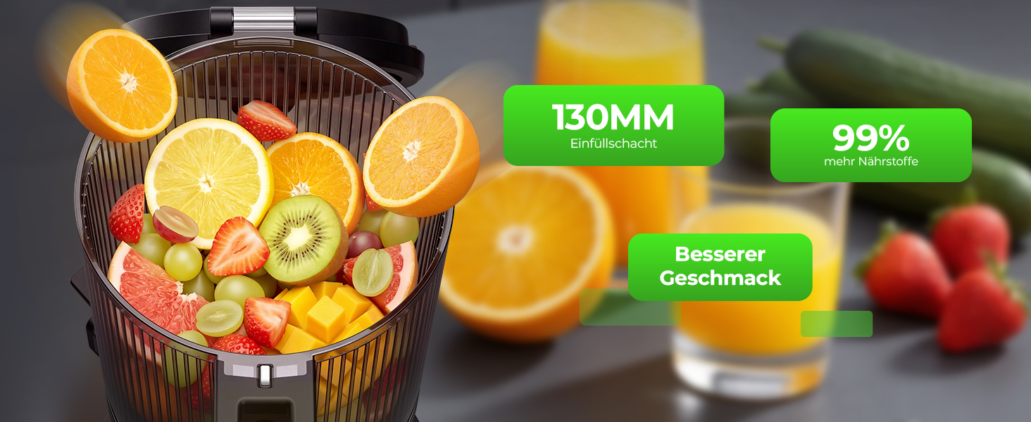 Електрична соковижималка для овочів та фруктів Slow Juicer, шнекова соковижималка для смузі та сорбету, широкий завантажувач 130 мм, 250 Вт, тиха, легка в очищенні, Titanium Gray