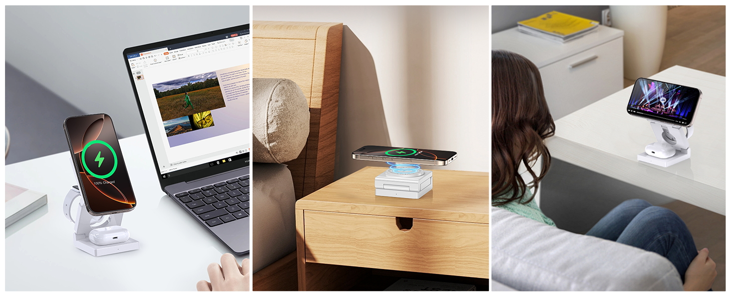 3-в-1 Бездротова зарядка з підтримкою MagSafe для iPhone, Apple Watch та AirPods (біла)