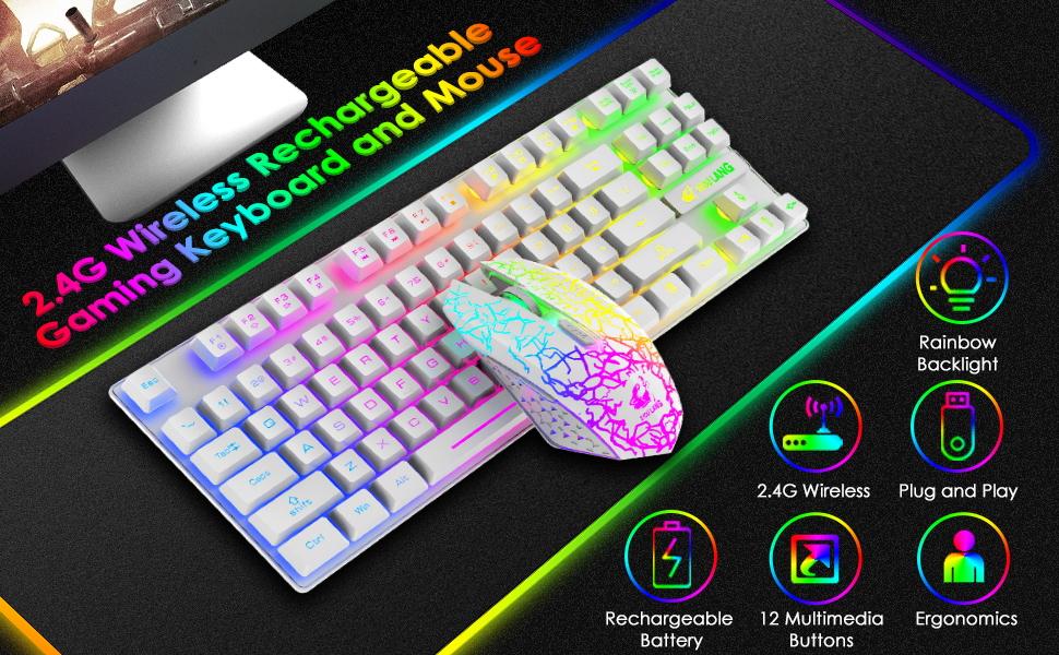 Механічна ігрова клавіатура та миша Combo з підсвічуванням Rainbow, 87 клавіш, 2.4G, USB, 2400DPI, з підсвічуванням RGB, з килимком для миші (чорний)