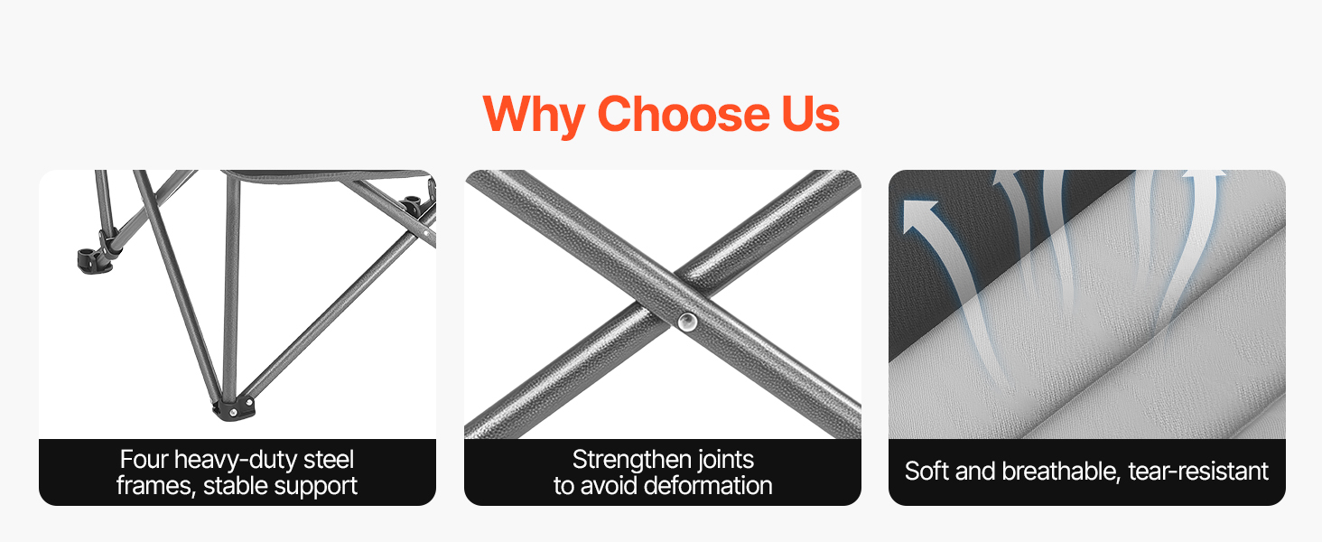 Кемпінговий стілець VEVOR великий, складний - до 204 кг, з підсклянниками, для риболовлі, пікніка, чорно-сірий