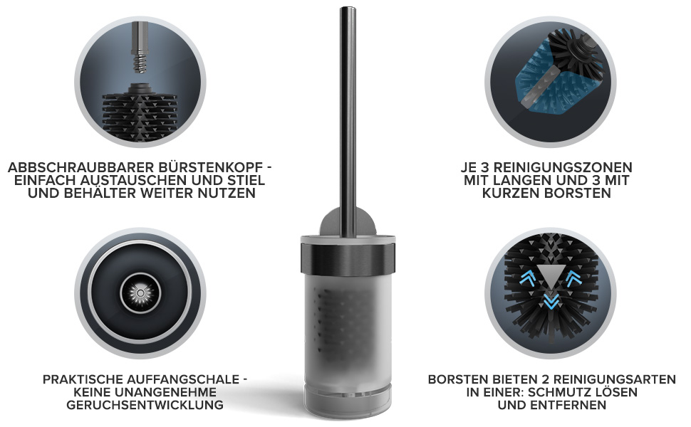 Набір для чищення унітазу Ovimar Finnkona: щітка, кріплення на стіну без свердління, силіконова щітка, функція вентиляції, сталь з порошковим покриттям, змінний насадок (Gunmetal, для кріплення)