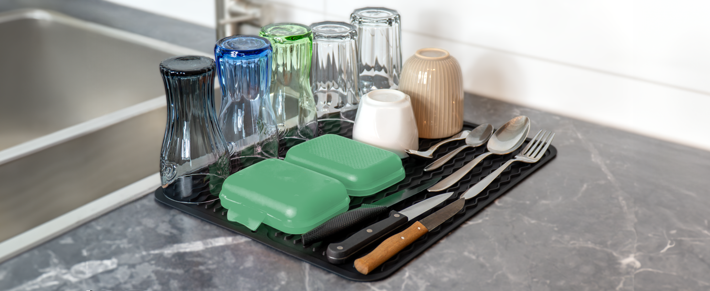 Килимок для посуду Netrox Silikon великий та малий - харчовий, легко миється, неслизький та термостійкий до 230°C - підставка для посуду, сушарка для посуду, килимок на кухонну мийку 40x30 см