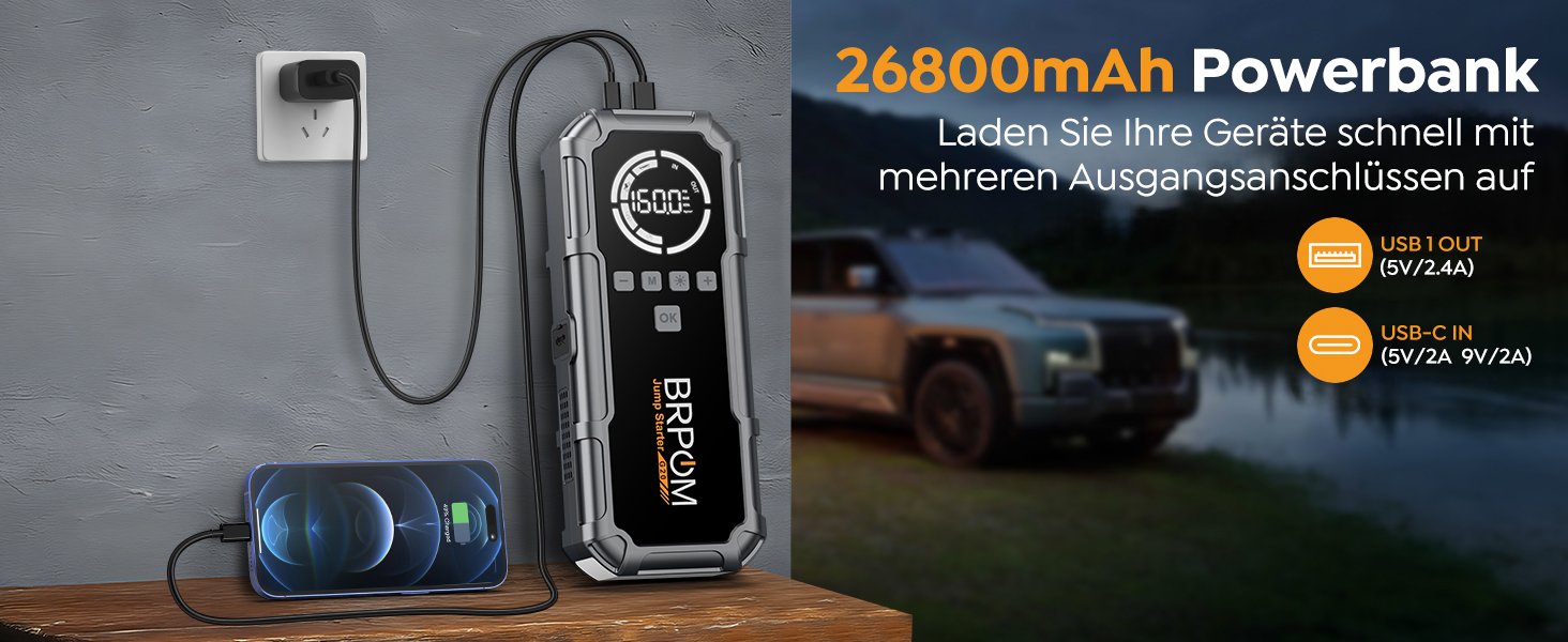 Powerbank Starthilfe BRPOM 8000A з компресором 160PSI для автомобілів, 26800mAh, підтримка бензинових та дизельних двигунів (12.0L), LED-ліхтар 600LUM, сріблясто-сірий колір
