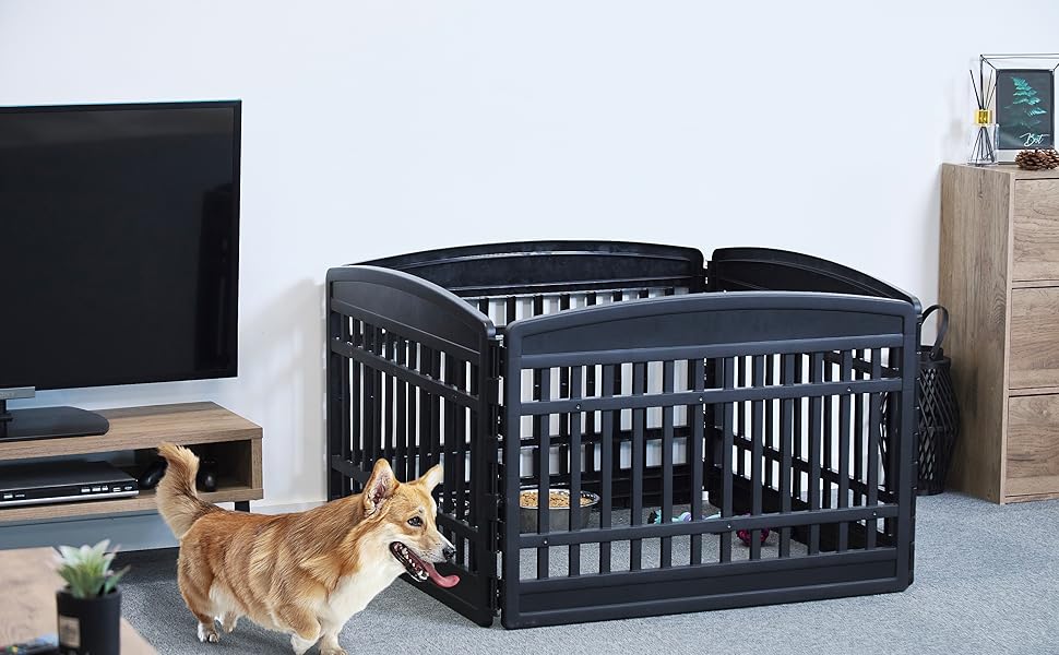 Iris Ohyama Dog Playpen with 6 Panels, 24 inches High, Lockable Door, Cat Enclosure, Dog Crate, Indoor/Outdoor Use, Puppy Playpen, Dog Fence, Puppy Fence, Dog Pen, CI-606E (Black, 24 inches High/4 Panels/No Door)