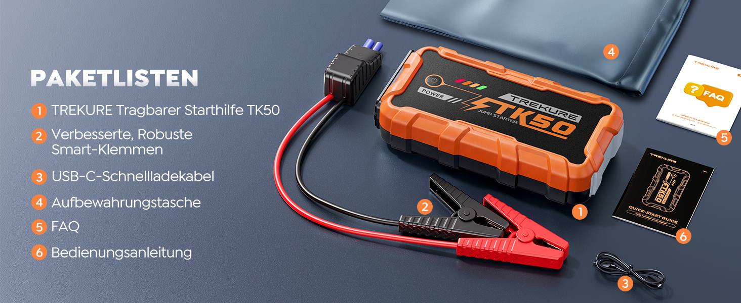 Powerbank для автомобіля 8000A Starthilfe (бензин/дизель 12.0L), 26800mAh, 12V пусковий пристрій з ліхтарем 800 люмен, 2xUSB, посилені кабелі, помаранчевий