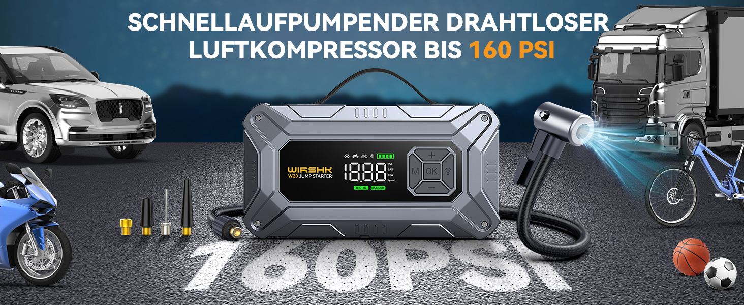 Портативний пусковий пристрій 8000A з повітряним компресором 160 PSI для бензинових та дизельних двигунів (до 10 л), з дисплеєм та аварійною світлодіодною лампою