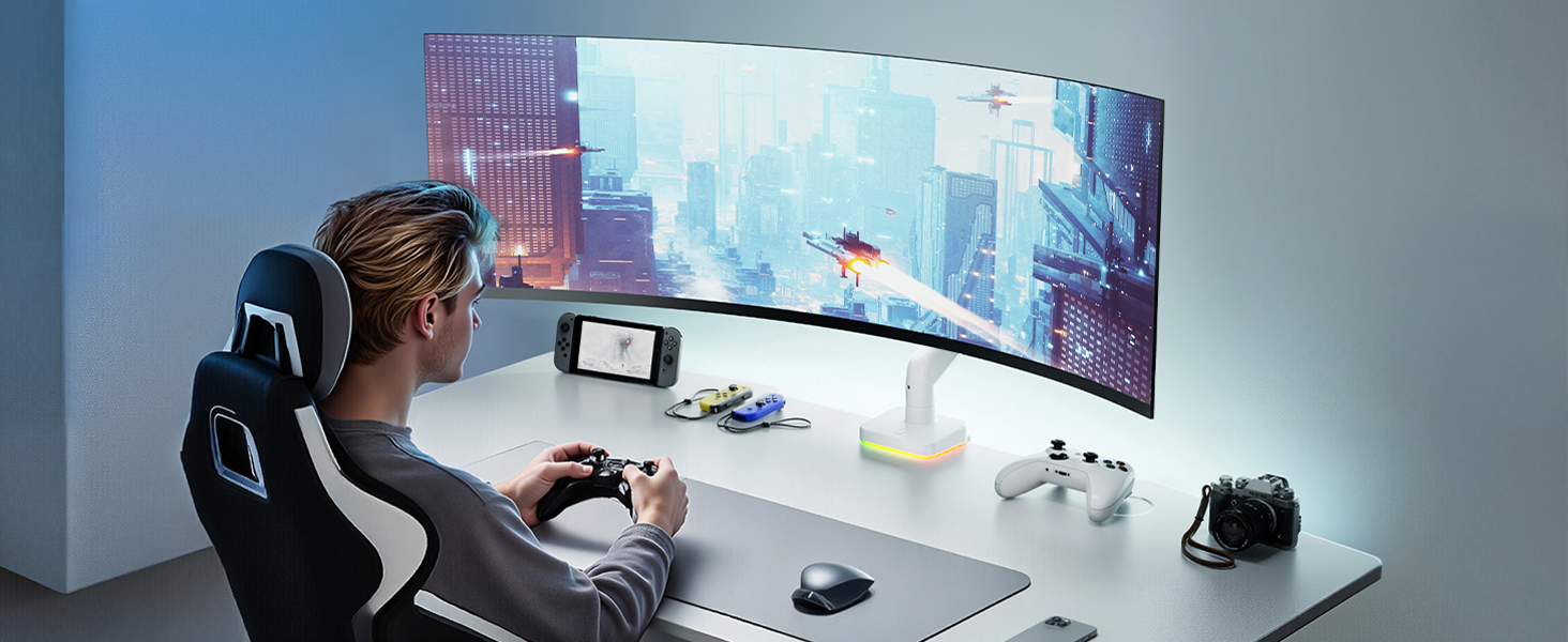 Кріплення для монітора ARES WING RGB - тримач для ігрового монітора, 17-49 дюймів, підходить для важких (20 кг) та вигнутих моніторів, регульована висота, для геймерів (білий)