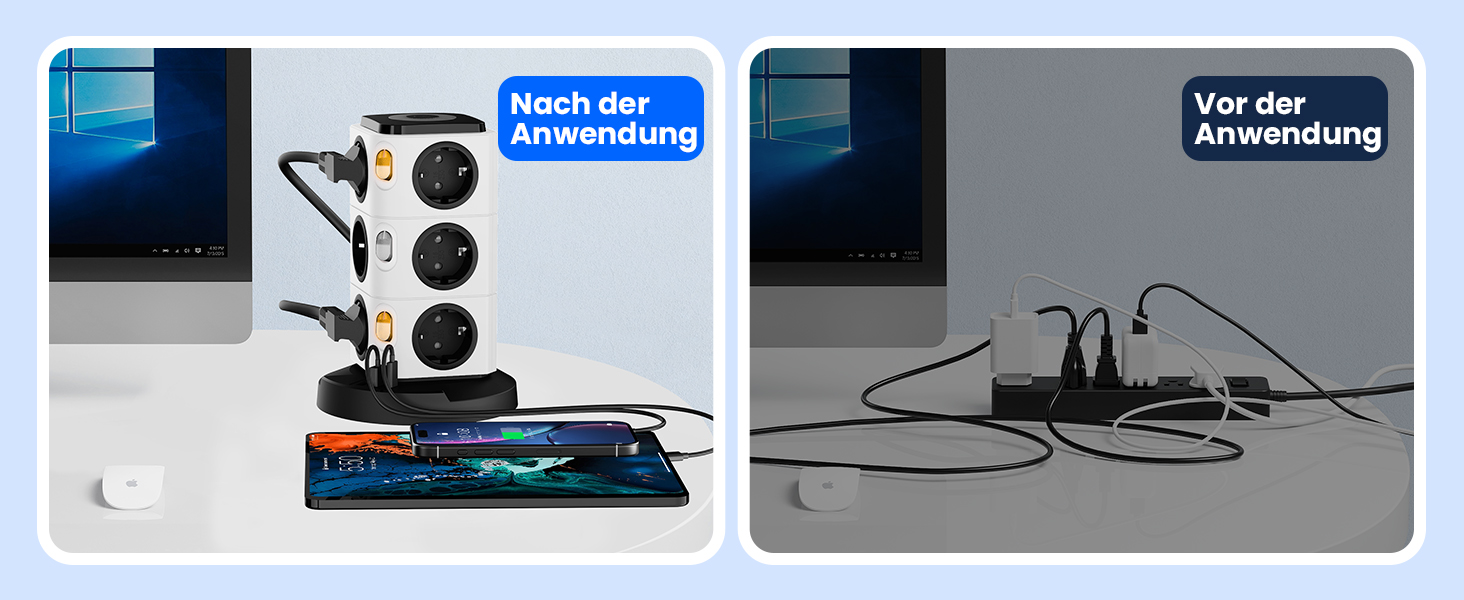 Багаторозетка Acodot Tower з USB, 12 розеток, захист від перенапруги, 4 вимикачі, нічник, 3 USB порти, кабель 3м, 2500W, для офісу, білий