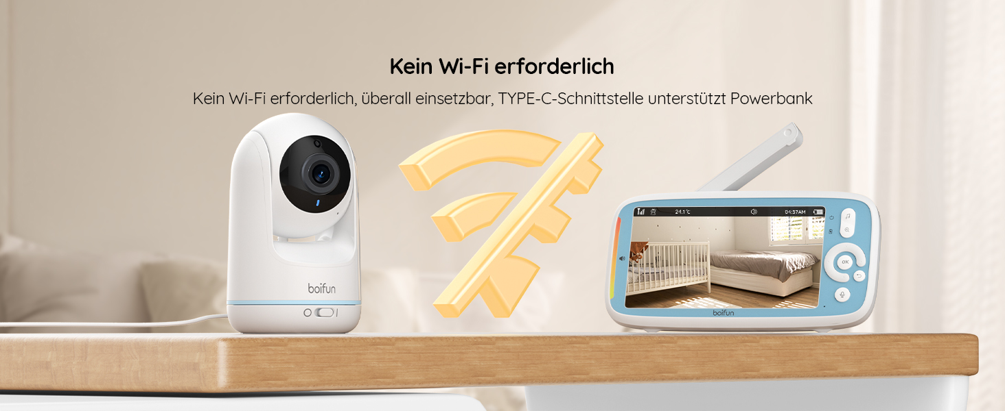 BOIFUN Дитячий відеоняня з камерою, 5' 720P IPS, без Wi-Fi, нічне бачення 360°, датчик шуму/температури, двосторонній зв'язок, радіус дії 300м, Plug & Play, акумулятор 3050mAh, колискові
