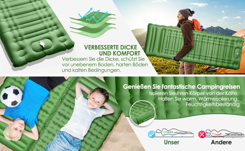 Надувний матрац Isomatte 12 см для кемпінгу з насосом та подушкою, зелений. Анти-розривний, портативний, для туризму, подорожей, пляжу
