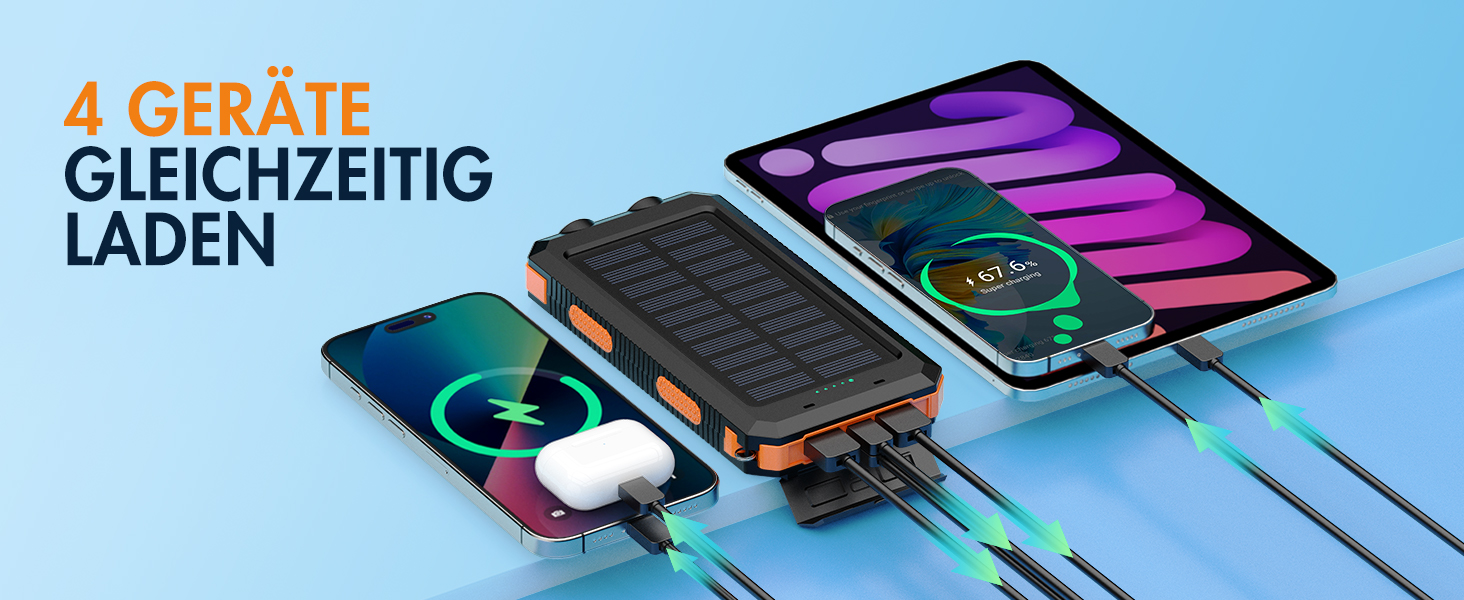 Power Bank Vikeri Solar 26800mAh: Сонячний акумулятор з USB-C, 4 виходами, водонепроникний, для смартфонів, планшетів та іншого