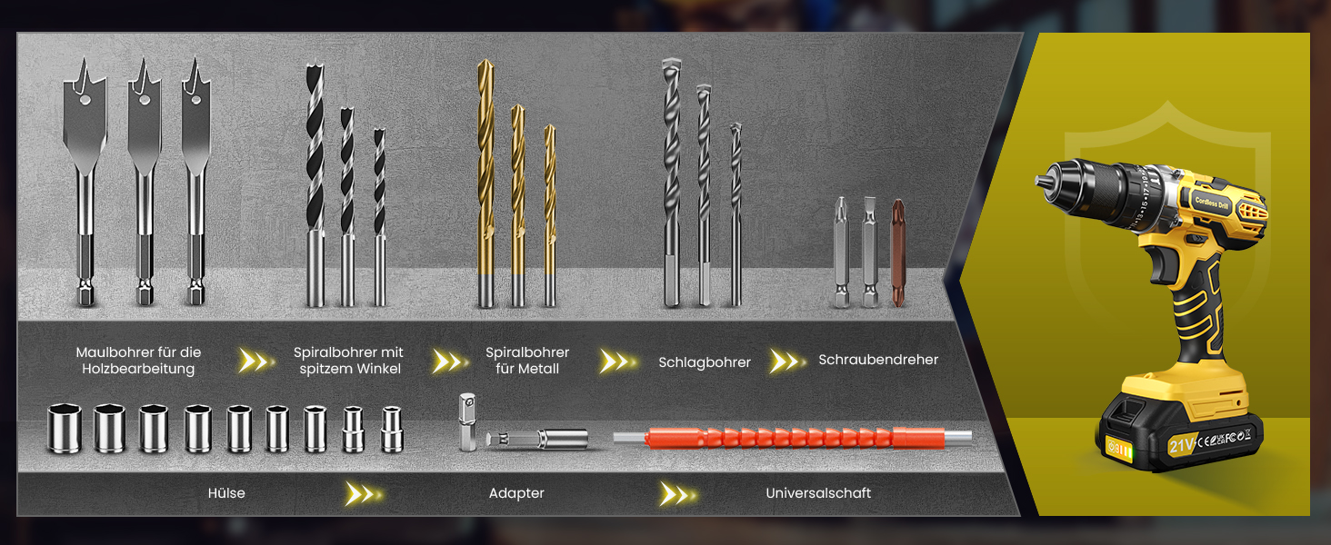 Акумуляторний дриль-шуруповерт 21V з 2 акумуляторами 2000mAh, 45Nm, 25+3 ступені крутного моменту, 10мм патрон, 27 предметів + кейс для домашніх DIY проектів
