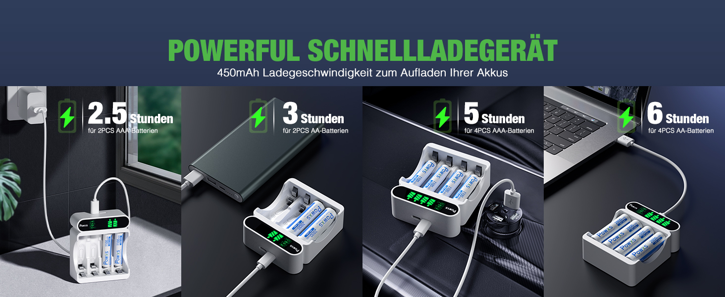 Зарядний пристрій POWXS для акумуляторів NI-MH NI-CD AA AAA з LCD-дисплеєм, універсальний, Micro USB & Type-C, безпечний