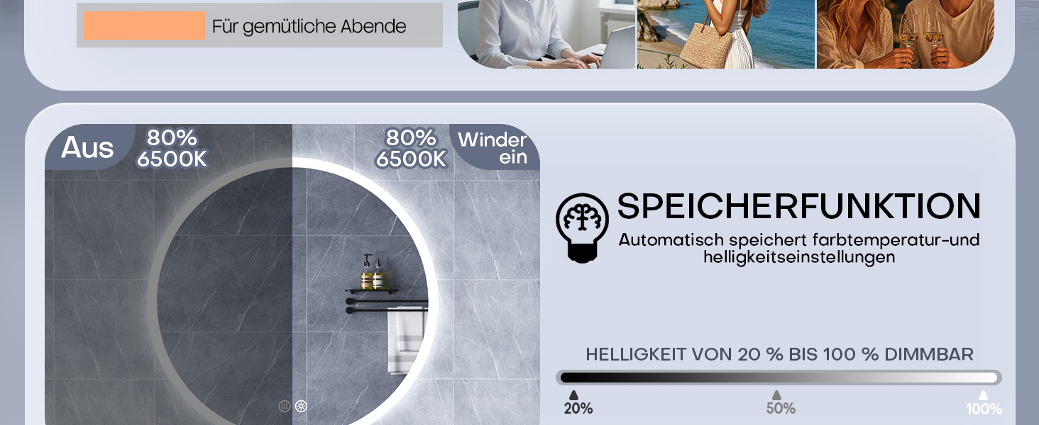Дзеркало для ванної кімнати HySail з підсвічуванням, 5 мм, високоякісний срібний дзеркало, 3 колірні температури та регульована яскравість, настінне дзеркало з сенсорним вимикачем та антизапарюючим покриттям, кругле (80x80 см)