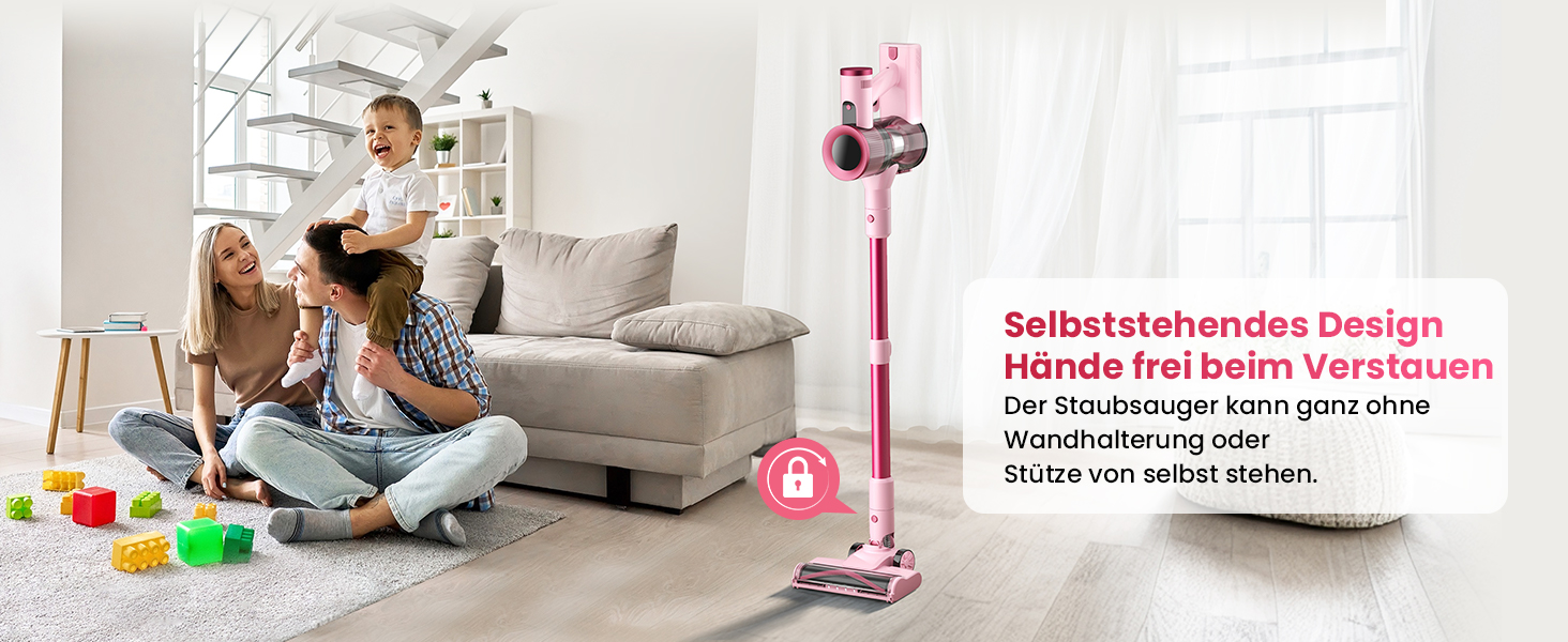 Бездротовий пилосос Dzaki 50000Pa з акумулятором, дисплеєм, функцією паркування та насадкою Anti-Tangle для килимів, твердих поверхонь, шерсті тварин та авто (помаранчево-рожевий)