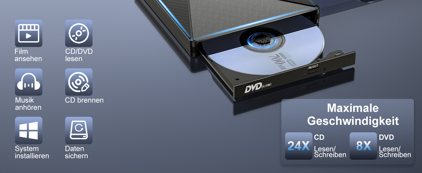 Зовнішній CD/DVD привід USB 3.0 та USB-C, оптичний накопичувач CD/DVD +/-RW ROM для ноутбука, ПК, MacBook, iMac (Windows, MacOS, Linux)
