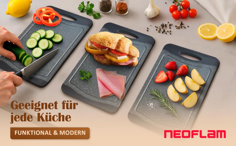 Набір дощок для сніданку NEOFLAM® 25x14 см, 4 шт. - Дошки для нарізання з пластику, BPA-free, антибактеріальні, з жолобком для соку, чорний мармур, стійкі до миття в посудомийній машині