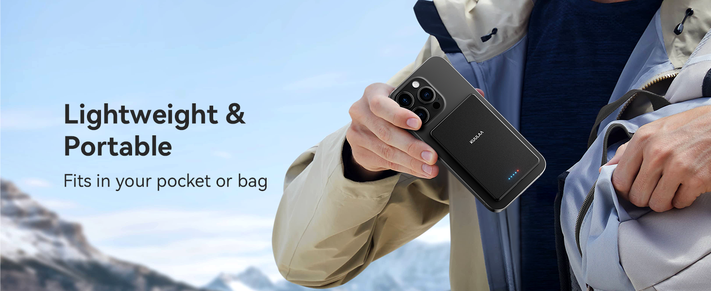 Power Bank Kuulaa Ultra Slim Magsafe, 5000mAh, бездротова зарядка, Type-C, 20W, чорний