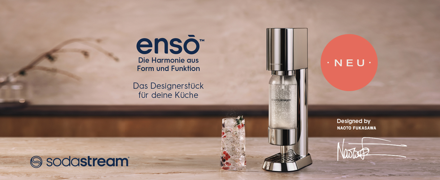 SodaStream® enso™ Преміум Газовий Напоєвник | Нержавіюча сталь, дизайн Naoto Fukasawa | З пляшкою 1 л без BPA та серветкою | Проста заміна CO2, Срібний Enso без балончика