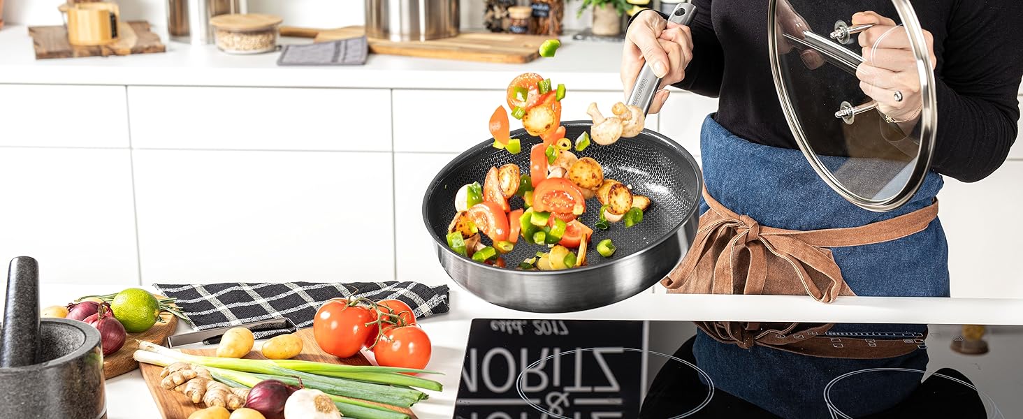 Сковорода Moritz & Moritz антипригарна 28 см індукційна з керамічним покриттям та стільниковою структурою. Нержавіюча сталь, високі борти, для всіх плит (газ, електро, індукція). Без кришки, діаметр 28 см