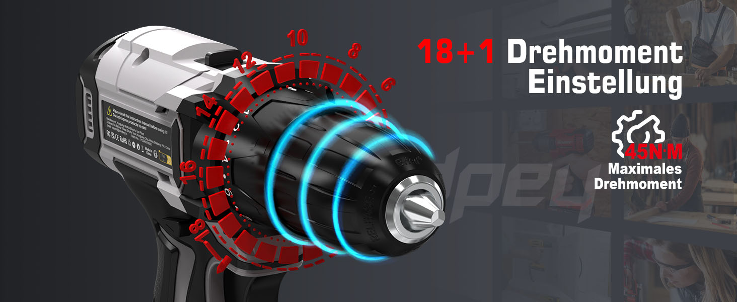 Акумуляторний шуруповерт Sundpey Set: 2 акумулятори 2.0Ah, 21V, 1500 об/хв, 45Nm, 18+1 режим, LED, 10мм патрон - для ремонту та DIY