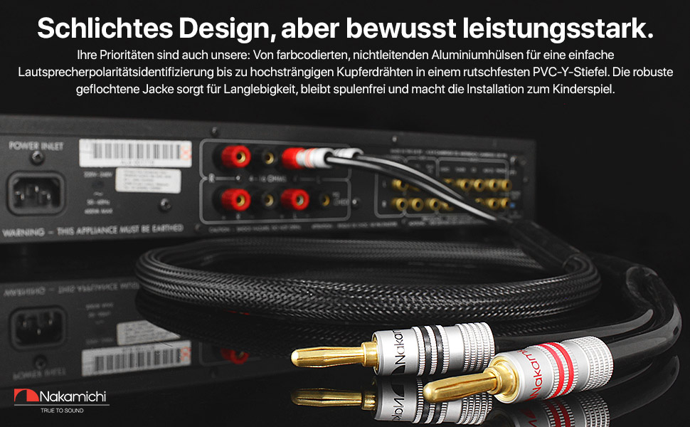 Акустичний кабель Nakamichi 12AWG з банановими роз'ємами 24K золото, 3м, безкиснева мідь (OFC), в обплетенні, для домашнього кінотеатру та підсилювача — Чорний