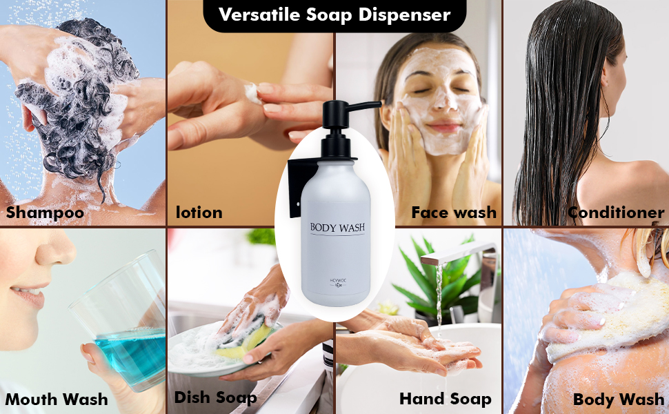 Набір диспенсерів для мила, шампуню та гелю для миття: 3 шт., 500 мл, без свердління, настінний монтаж, етикетки в комплекті, янтарний колір (чорна пляшка + біла помпа)