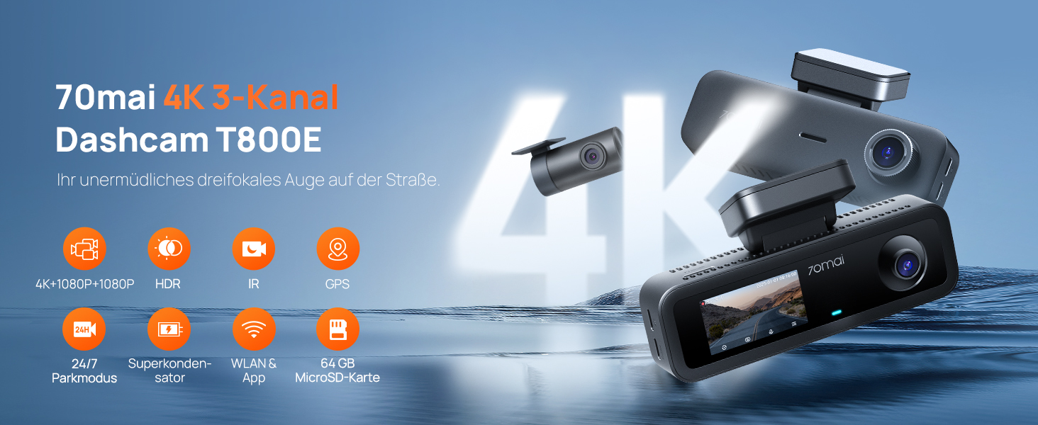 Автомобільний відеореєстратор 70mai T800E 4K 3-канальний (передній, внутрішній, задній) з HDR, ІЧ-нічним баченням, GPS, WiFi 6 та карткою пам'яті 64GB