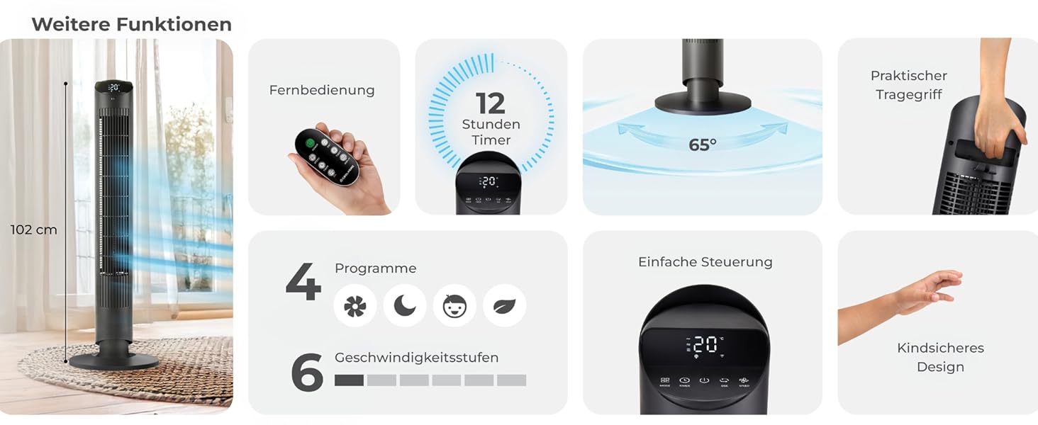 Турбовентилятор CF2401 з пультом керування та додатком: тихий підлоговий вентилятор з таймером та LED-підсвіткою, дитяча безпека, чорний, 102 см