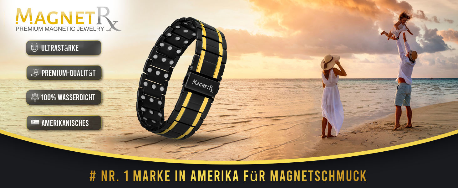 Браслет-магнітотерапія MagnetRX® Titan для чоловіків – браслет з титану з потрійною силою магнітів, регульована довжина, якісна застібка (Чорний/Золотий)