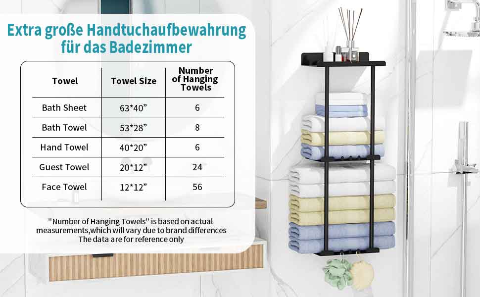 Тримач для рушників без свердління, чорний, з 6 гачками та полицею для ванної кімнати та кухні