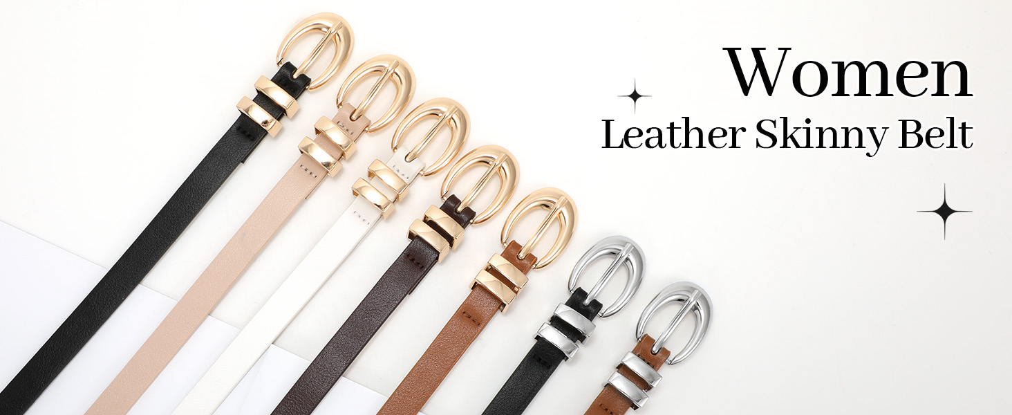 Жіночі шкіряні ремені WERFORU (2 шт.) - тонкі ремені для джинсів, штанів, суконь. Розмір 99-114 см. Золотисті та сріблясті пряжки. Чорний + коричневий кольори