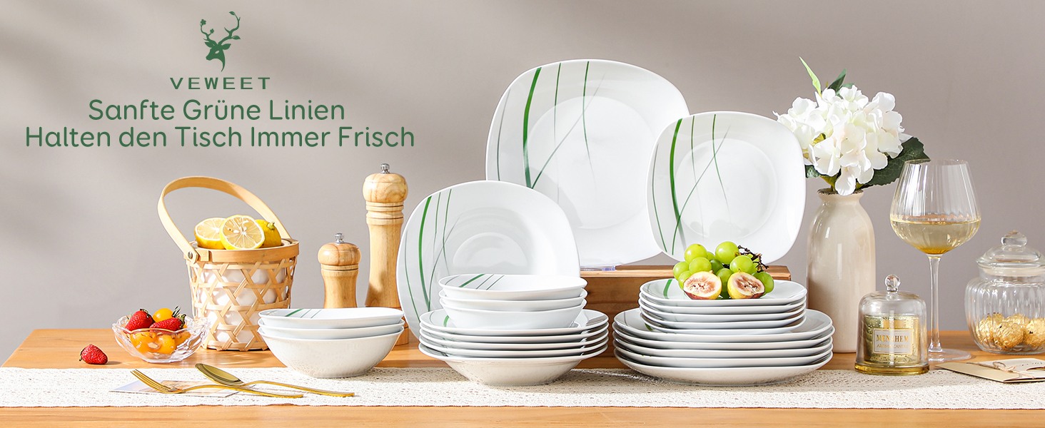 VEWEET Сервіз столовий 'Aviva' з порцеляни, 60 предметів | Комплектний сервіз для 4-12 осіб (24 предм.) | Тарілки, супові тарілки, десертні тарілки, чашки та блюця