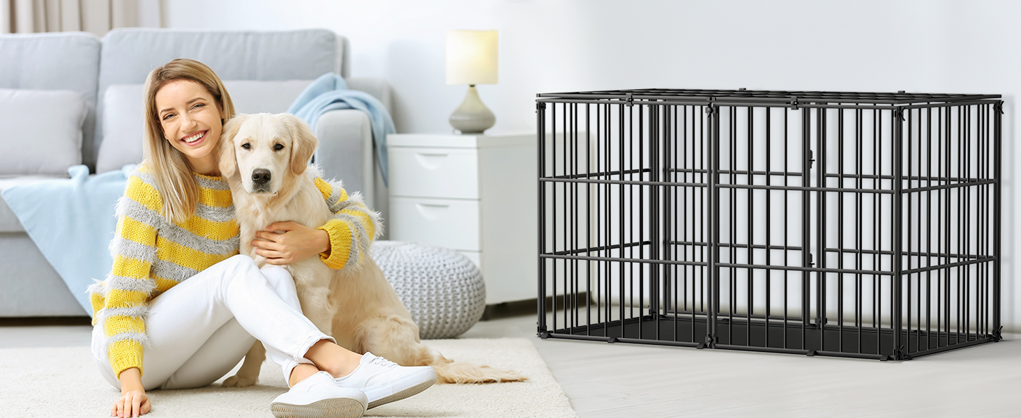 Міцний собачий переносний клітка Pawaboo 56 дюймів: надійний, анти-гризун, з килимком, металевий вольєр для собак з замком, чорний