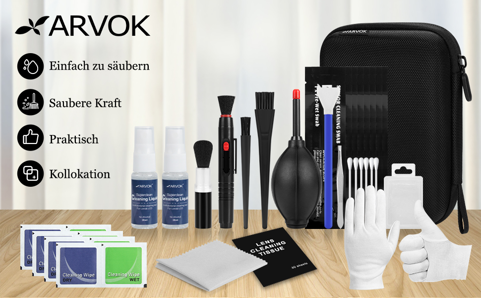 Набір для чищення камери ARVOK: 32 шт. для об'єктивів DSLR, смартфонів, з блоком продування, паличкою та стікером. Вологостійкий комплект.