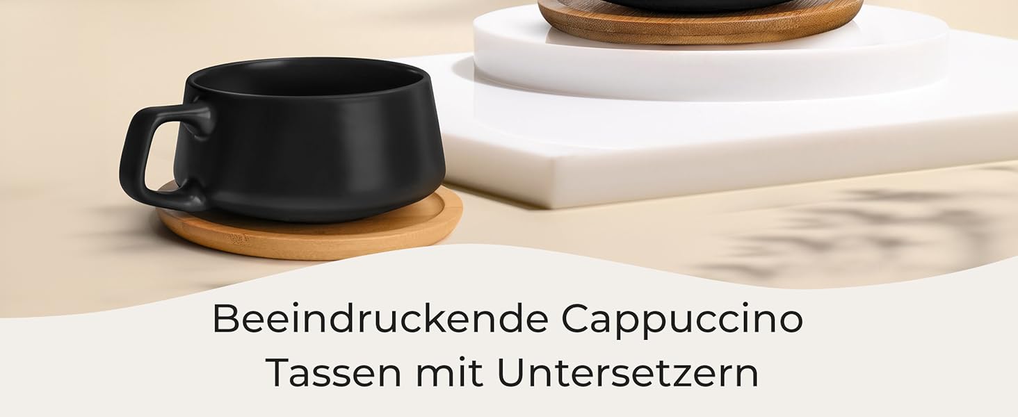 MIAMI - Set of 4 x 320 ml Coffee Cups/Cappuccino Cups with Saucers/Elegant/Modern/Coffee Cups made of stoneware - Luxe Collection 4-Piece Set (Black)