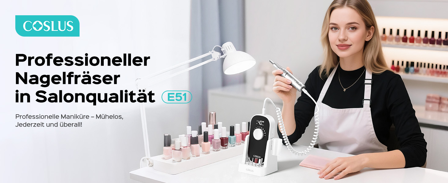 Електрична машинка для манікюру COSLUS 40000 об/хв: професійний набір для догляду за нігтями 6-в-1. Підходить для гелевих та акрилових нігтів, видалення гелю та педикюру. Компактна, тиха, біла.